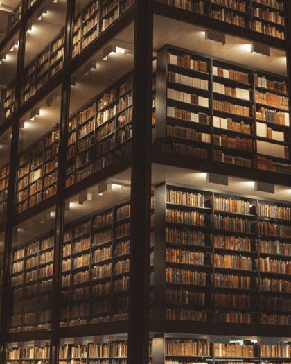 Multiple stories of bookshelves in dim lighting